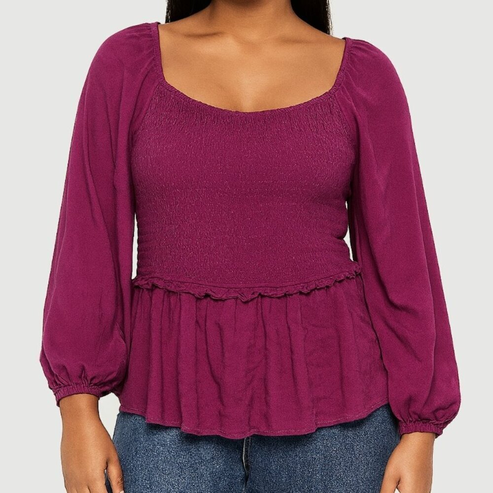 ANDREE BY UNIT Women's Purple Long Sleeve Smocked Peplum Blouse Top small
